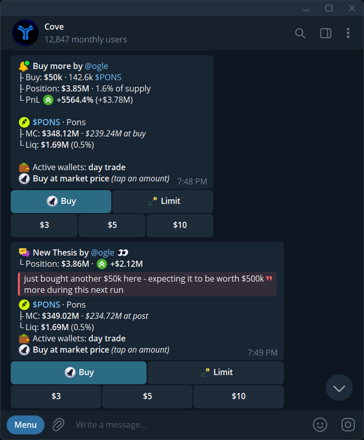 Trader buy and thesis alerts showing active wallet, Buy and Limit mode buttons, and dollar amount presets.