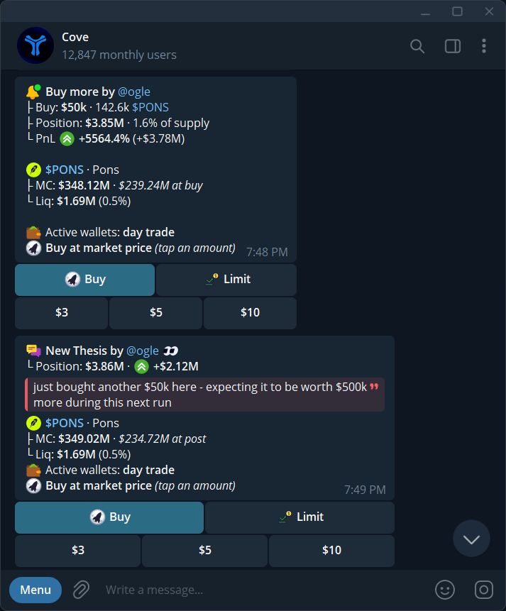 Trader buy and thesis alerts showing active wallet, Buy and Limit mode buttons, and dollar amount presets.