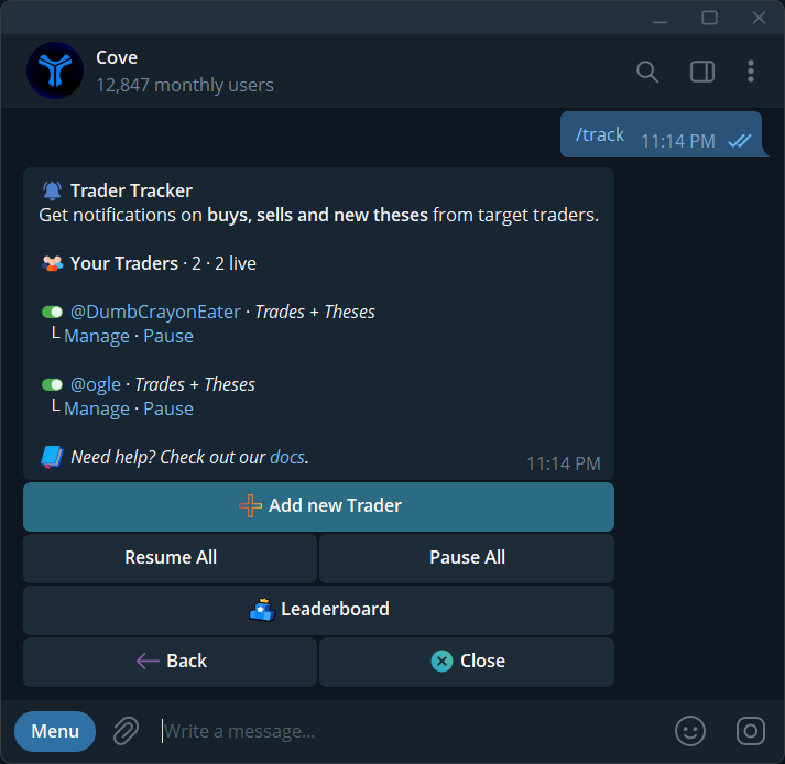 Trader Tracker home with tracked traders, Manage links, Add new Trader, Pause All, and Leaderboard.