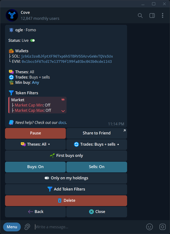 Trader Tracker Manage panel with event controls, minimum buy, token filters, Pause, Share to Friend, and Delete.