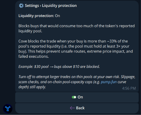 Liquidity protection settings