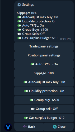 Cove Settings panel