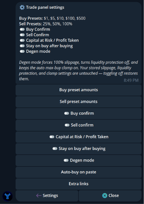 Trade panel settings in Cove