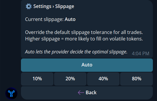 Slippage settings menu