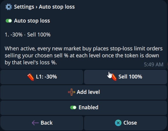 Current Auto stop loss level settings
