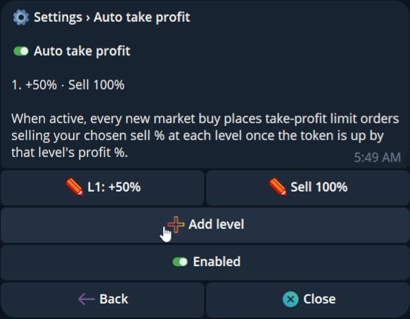 Current Auto take profit level settings