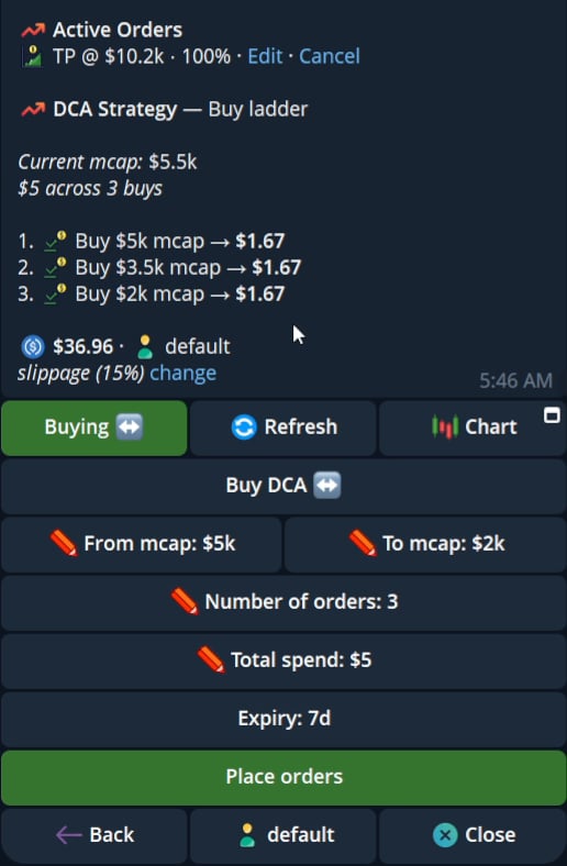 Current Buy DCA ladder preview with market-cap range, order count, total spend, and expiry