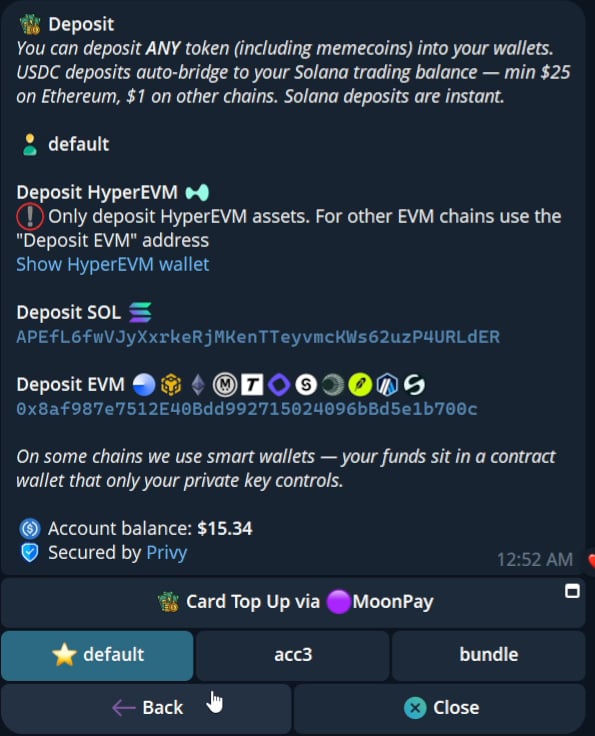 Current Cove Deposit panel with funding routes and deposit addresses