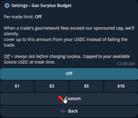 Current Gas Surplus Budget panel with preset and custom limits