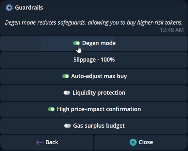 Current Guardrails panel showing slippage, protection, confirmation, and gas surplus controls