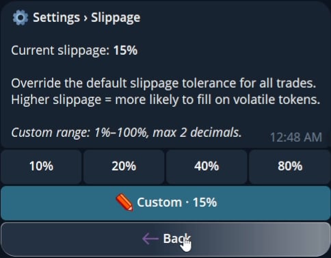 Current slippage settings with preset and custom values