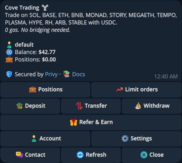 Current Cove home screen with unified balance and position values