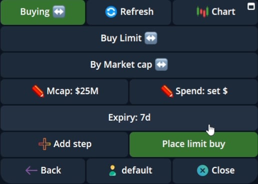 Current limit-buy order form with trigger and spend controls