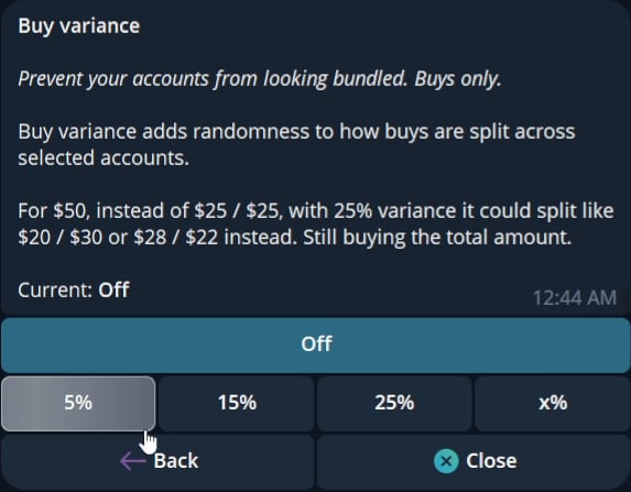 Current Buy variance panel with preset and custom variance controls