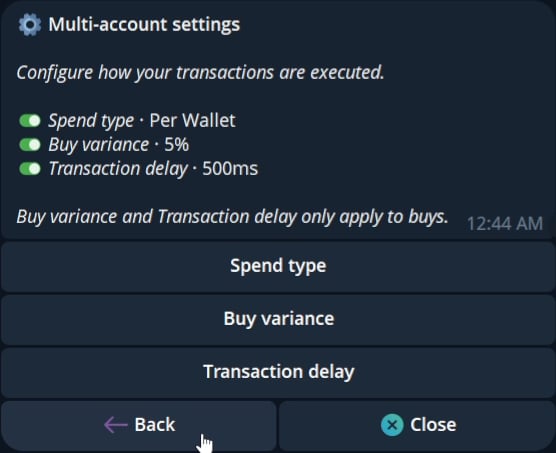 Current Multi-account settings panel with spend type, buy variance, and transaction delay
