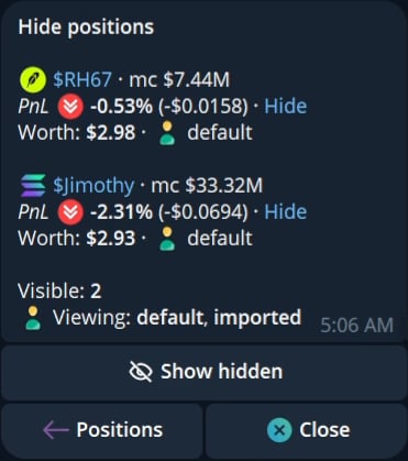 Current Hide positions view