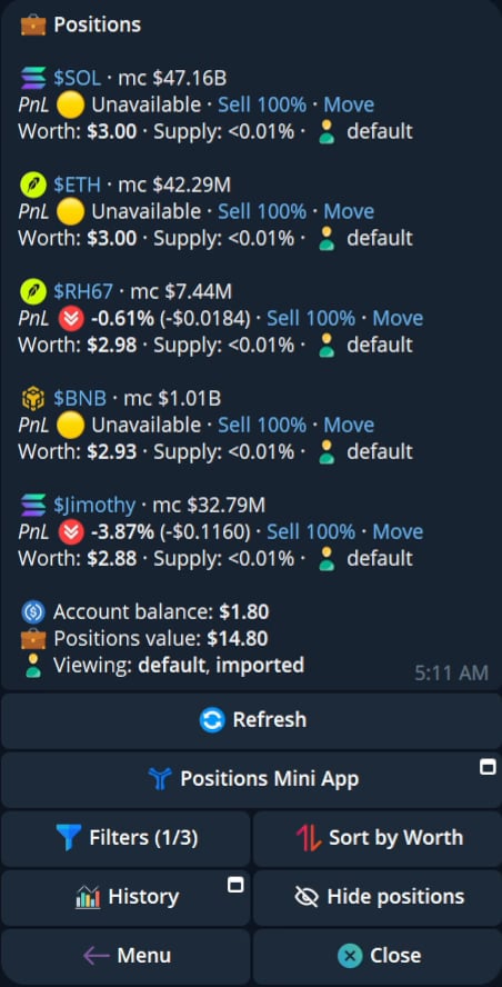 Current Cove Positions panel with position values