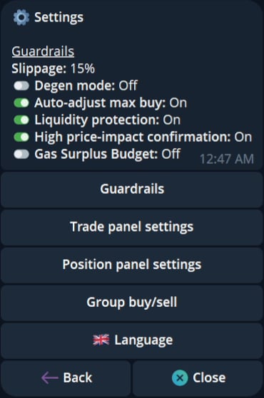 Current Cove Settings panel with Guardrails, Trade panel settings, Position panel settings, Group buy or sell, and Language