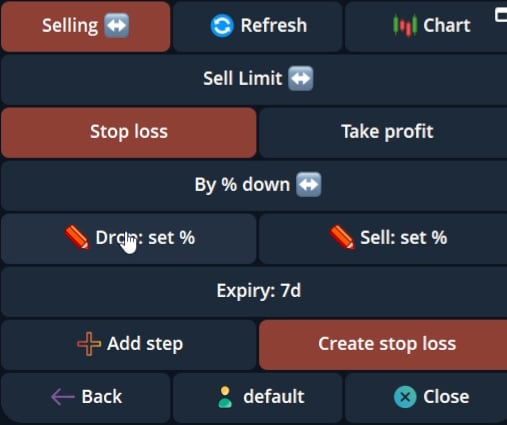 Current stop-loss order form with target and sell-percentage controls