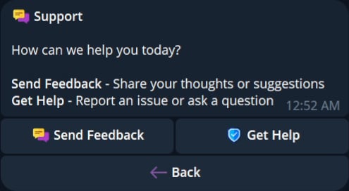 Current Cove Support panel with Send Feedback and Get Help actions