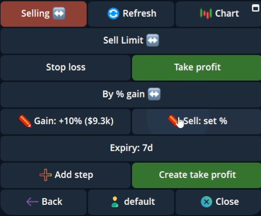 Current take-profit order form with target and sell-percentage controls