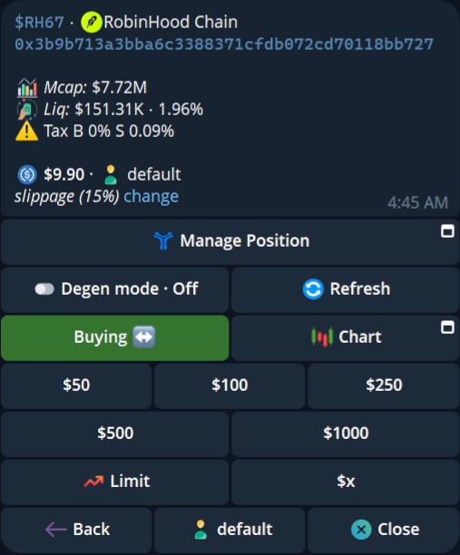 Current Cove Buy panel after a token contract has been resolved