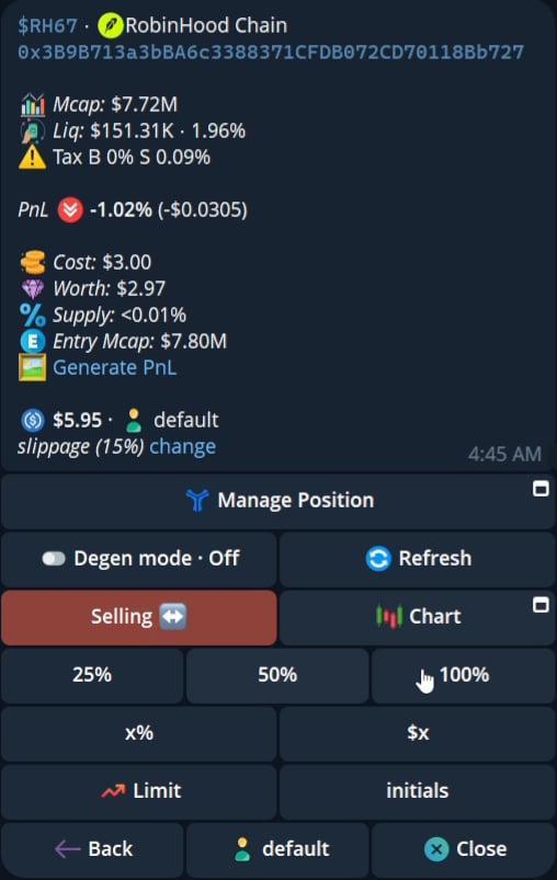 Current Cove Sell panel with position values, contract address, and balance