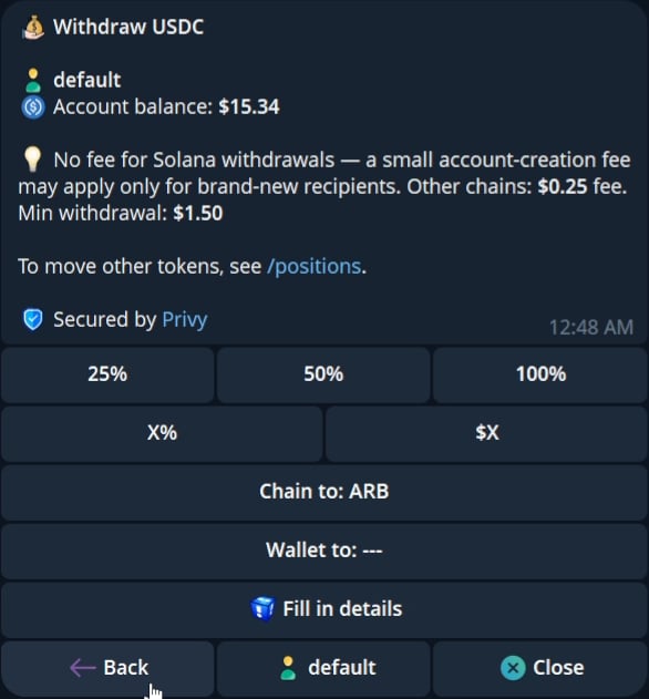 Current unified USDC withdrawal panel with the account balance