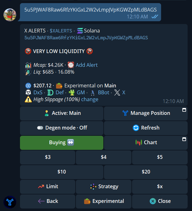 Solana token panel showing VERY LOW LIQUIDITY, $685 liquidity, market cap, and trade controls.