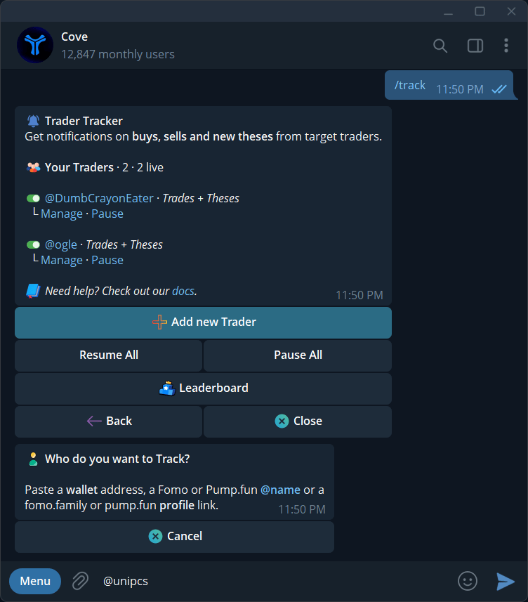 Trader Tracker prompt asking who to track, below the existing trader list.