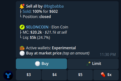 Trader sell-event alert with Buy and Limit modes and a $x custom amount button at the end of the dollar row.