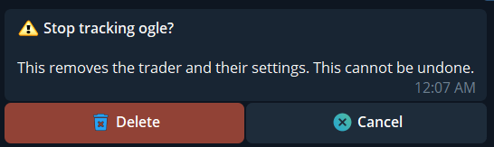 Trader Tracker confirmation with Delete and Cancel buttons.