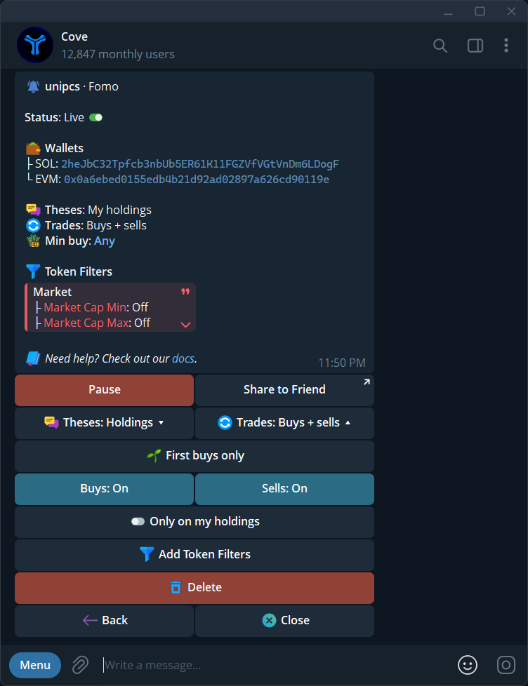Expanded Trades menu showing First buys only, Buy and Sell toggles, Only on my holdings, and Add Token Filters.