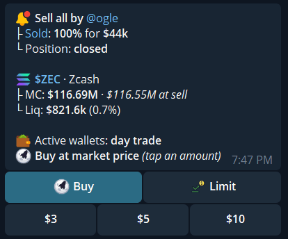 Trader sell alert with Buy and Limit choices and dollar presets, with no Sell action because no eligible holding is shown.