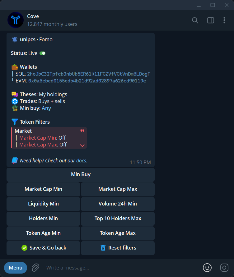 Trader Tracker Token Filters keyboard with Min Buy, market-cap bounds, liquidity, volume, holders, top-ten share, token-age bounds, Save and Reset.