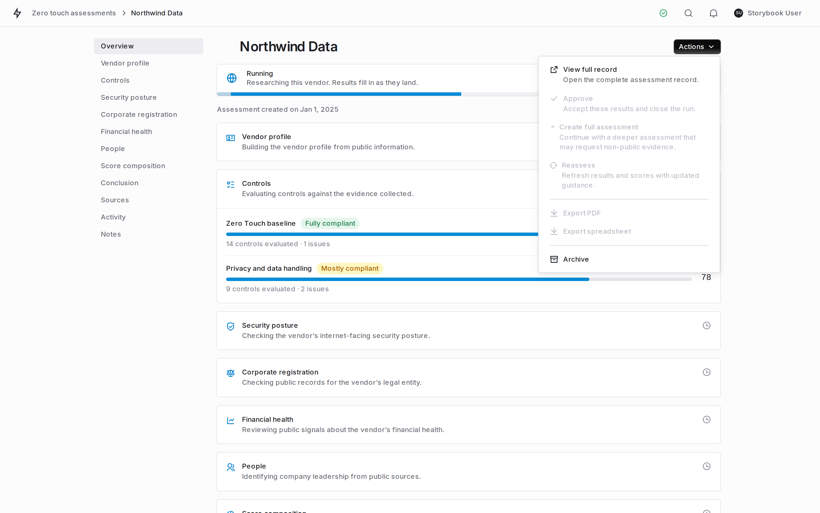 The Zero Touch Actions menu on a run in flight, with approve, create full assessment, reassess and the exports greyed out, and view full record still available.