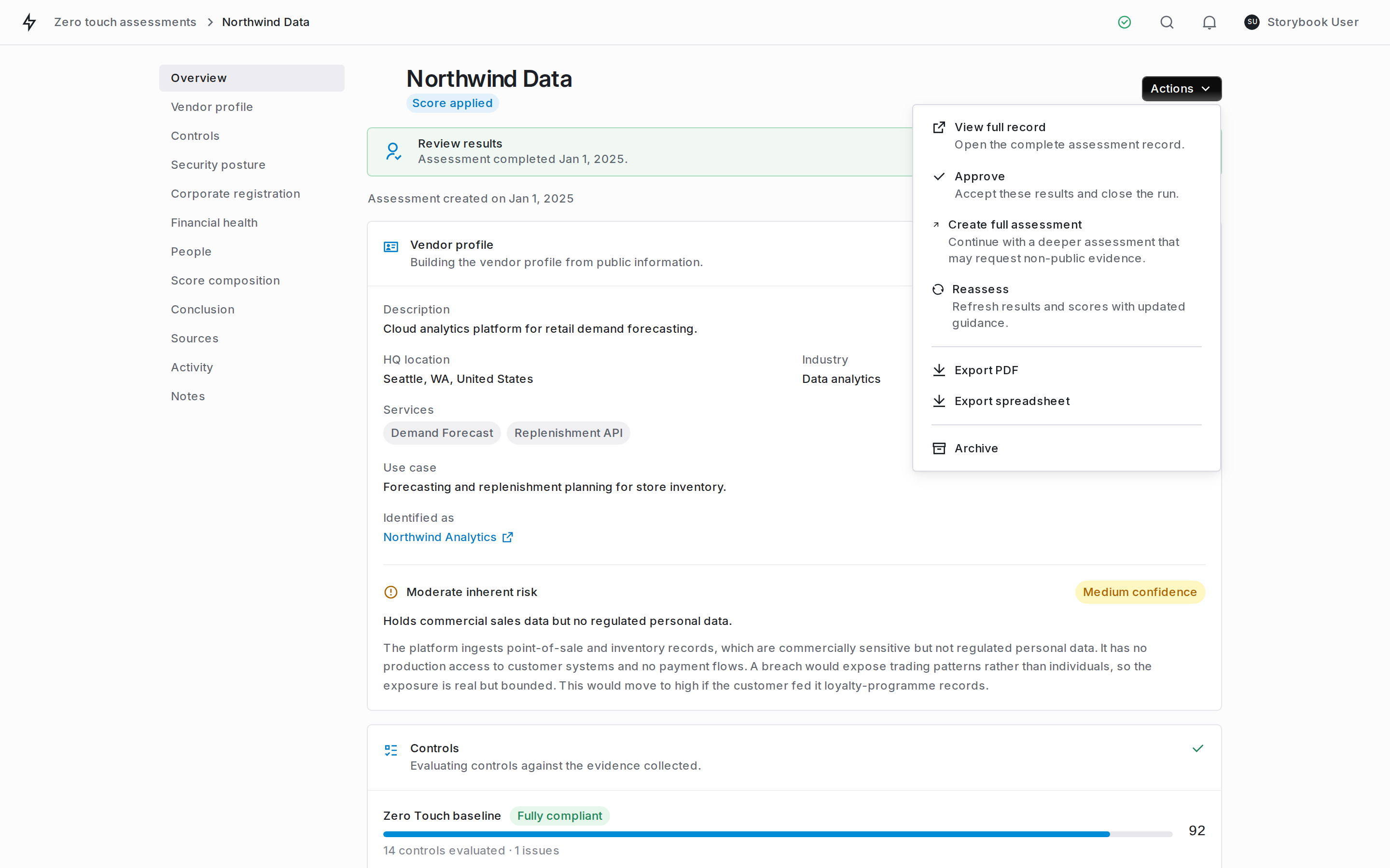 The Zero Touch Actions menu on a finished run: view full record, approve, create full assessment, reassess, export PDF, export spreadsheet, and archive.