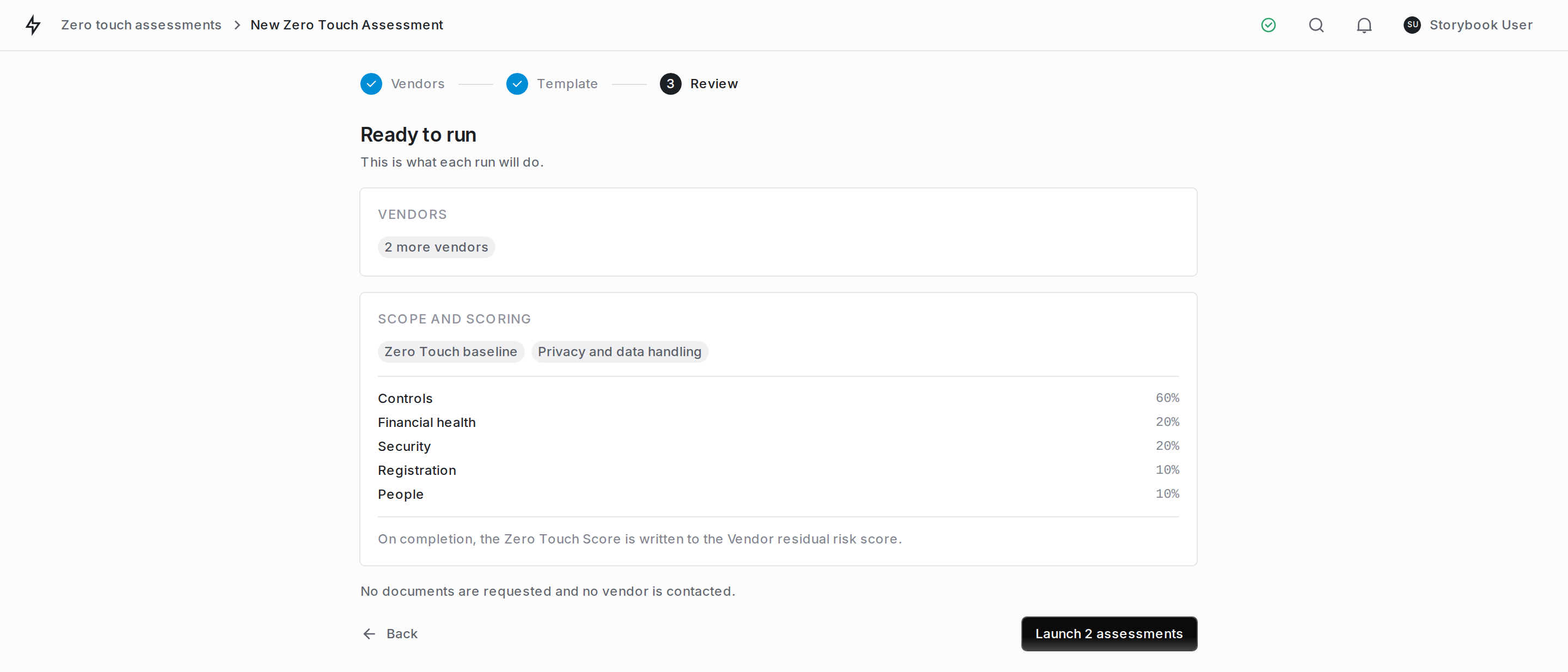 The confirm step of the Zero Touch launch wizard, listing the vendors about to be assessed and the control sets in scope.