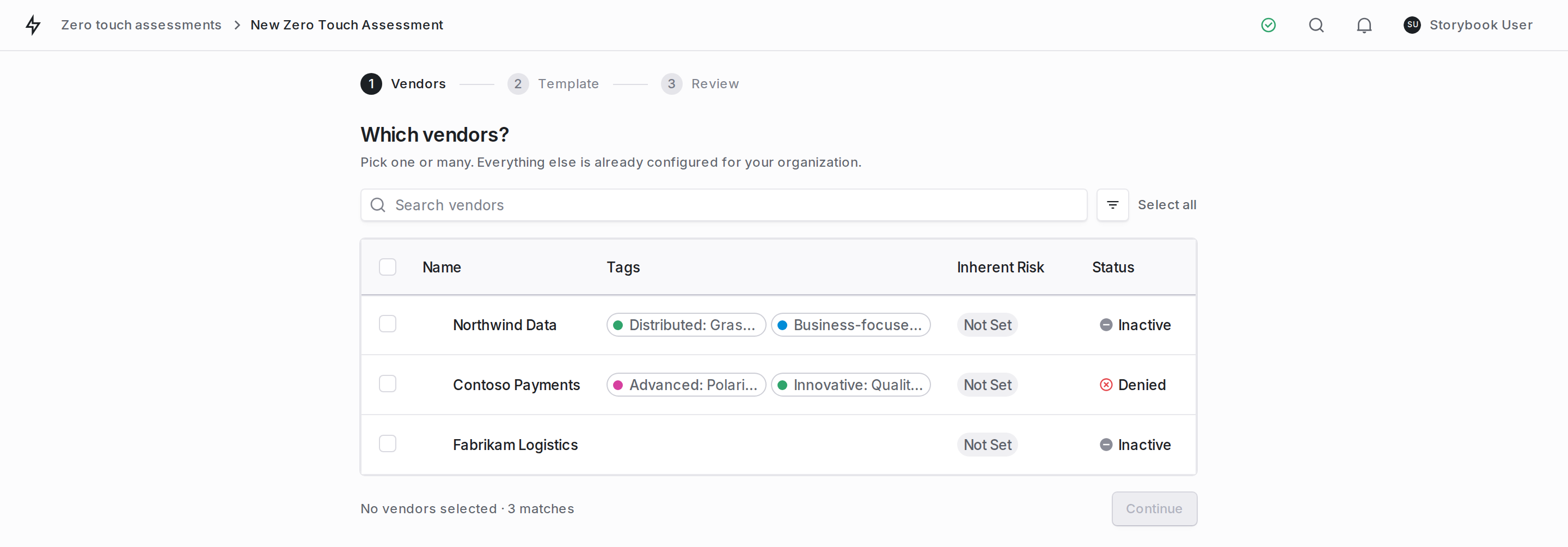 The Zero Touch launch wizard, showing vendor selection with a search box and a running count of selected vendors.