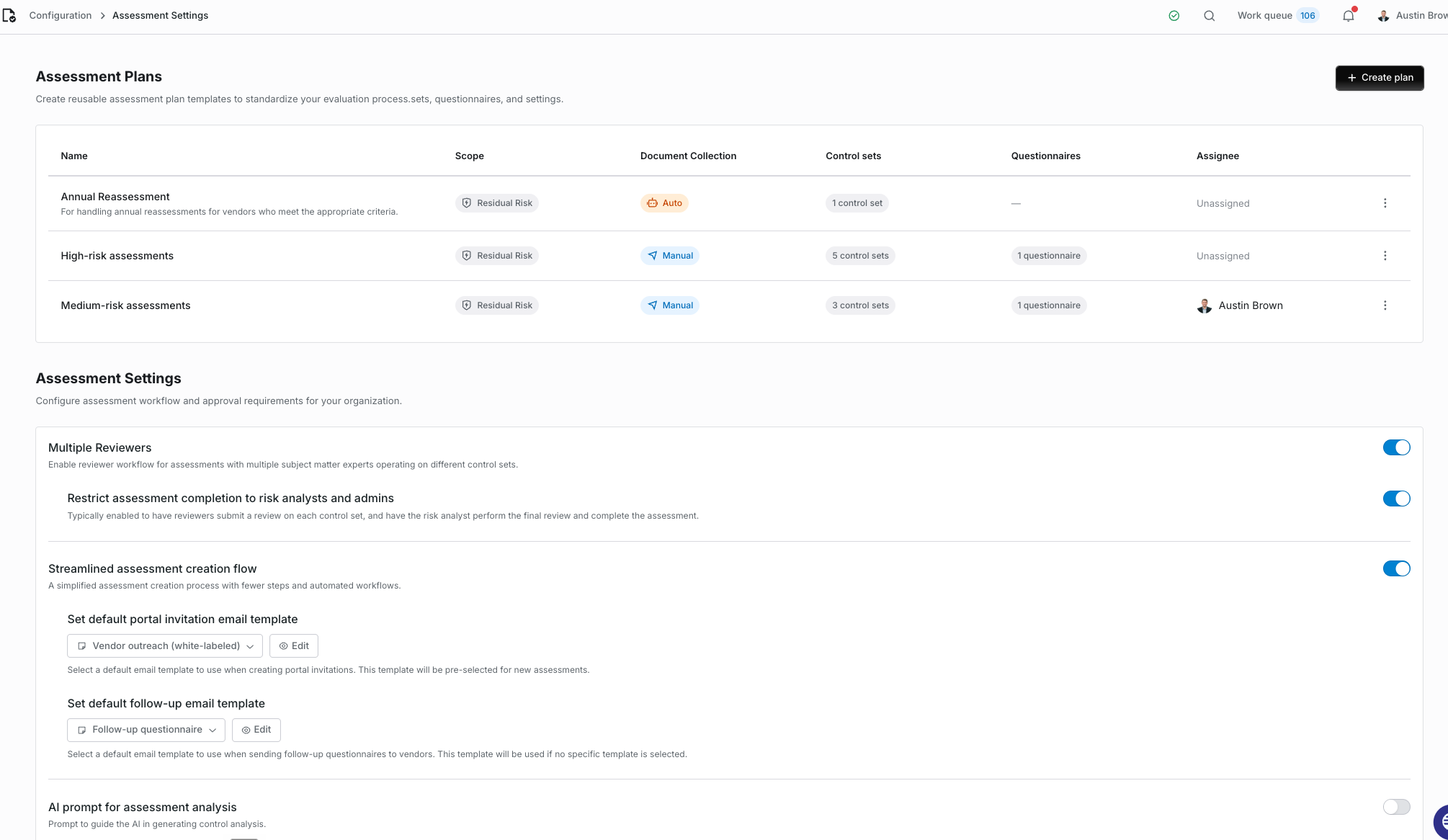 Assessment plans configuration