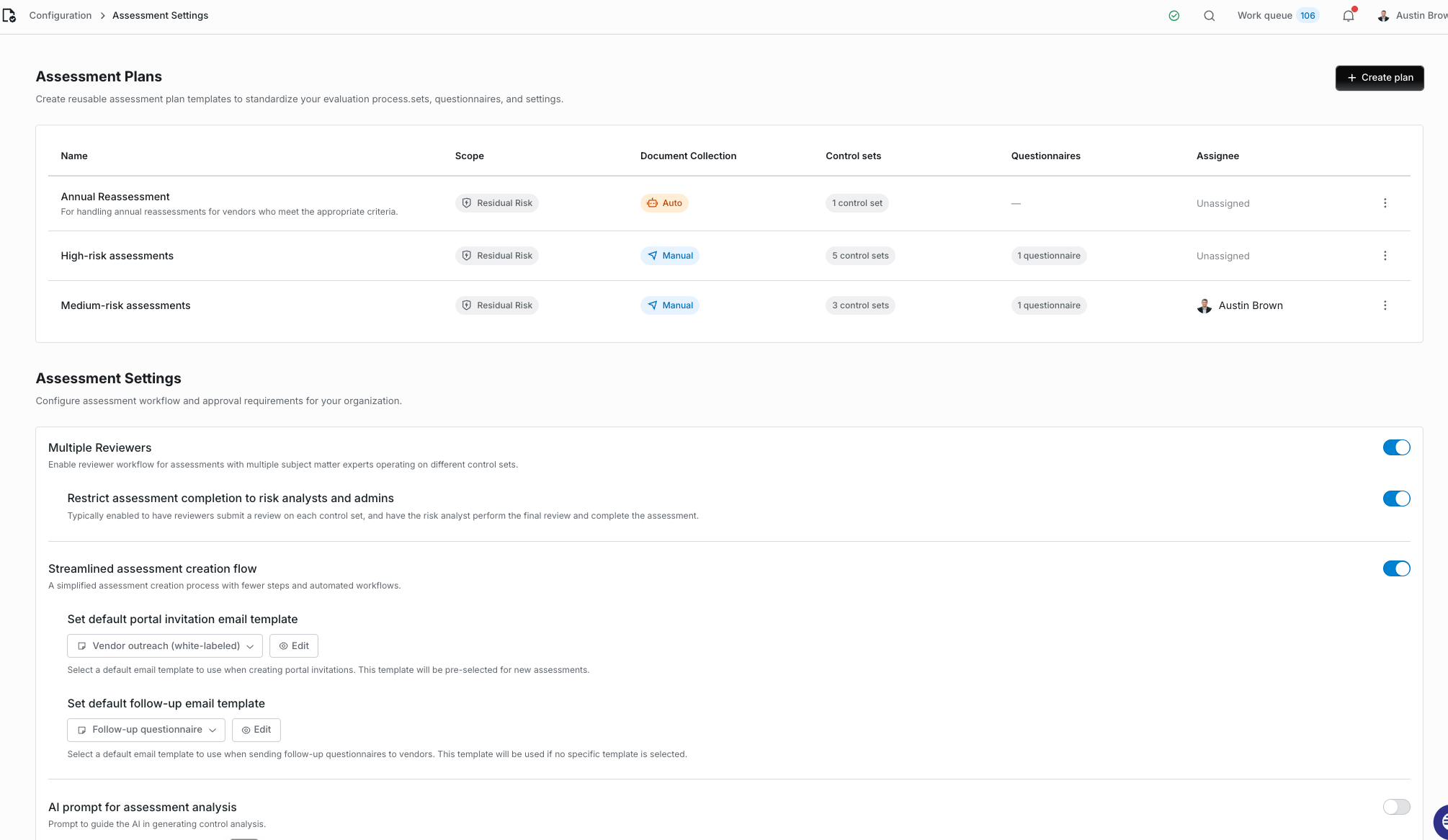Assessment plans configuration