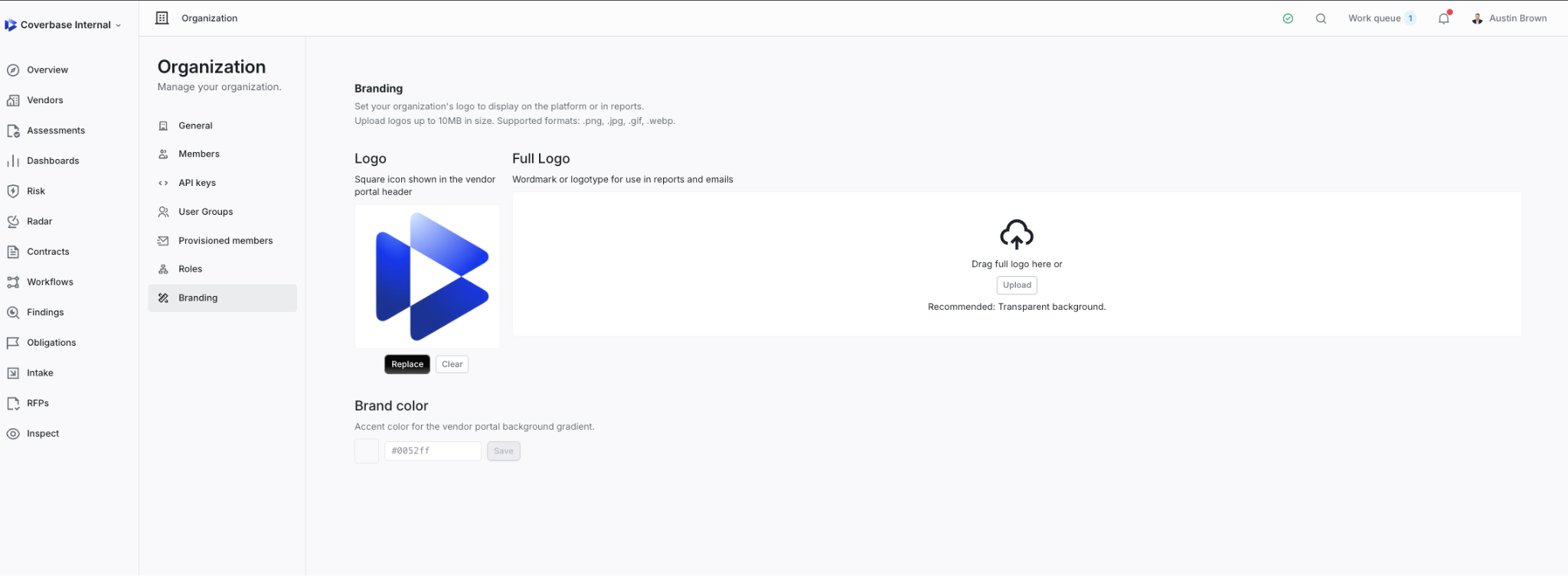 Coverbase organization and branding settings