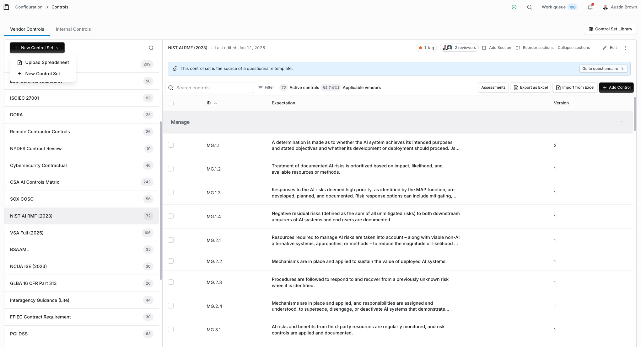 Control sets library showing NIST AI RMF and other frameworks