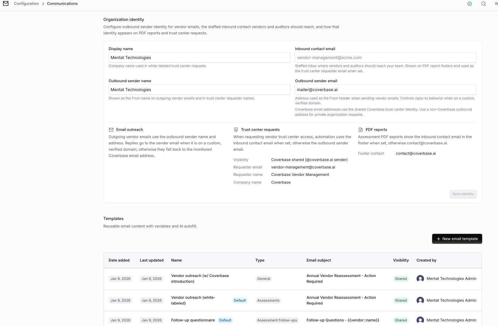 Vendor email template configuration