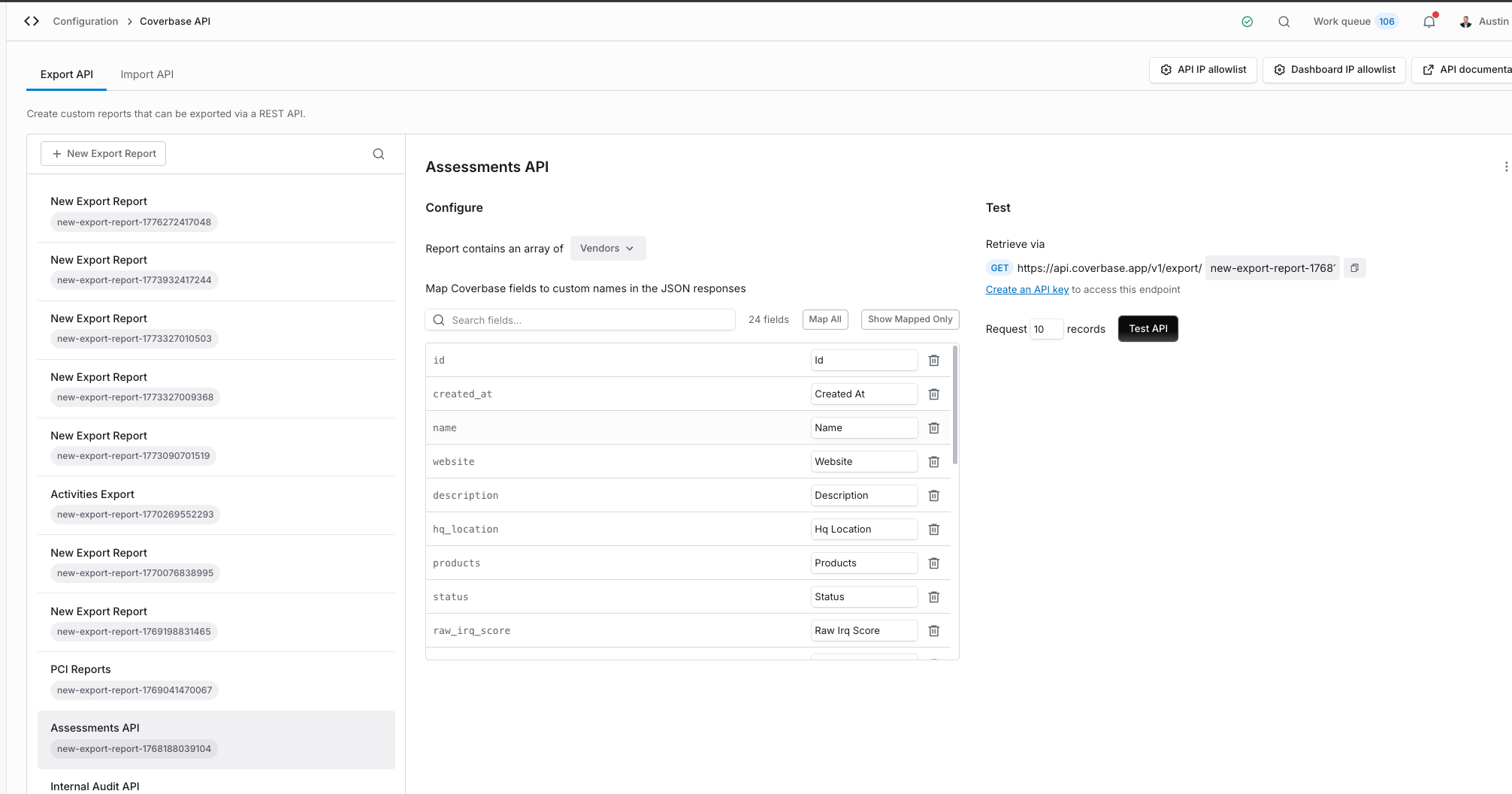 Export API configuration