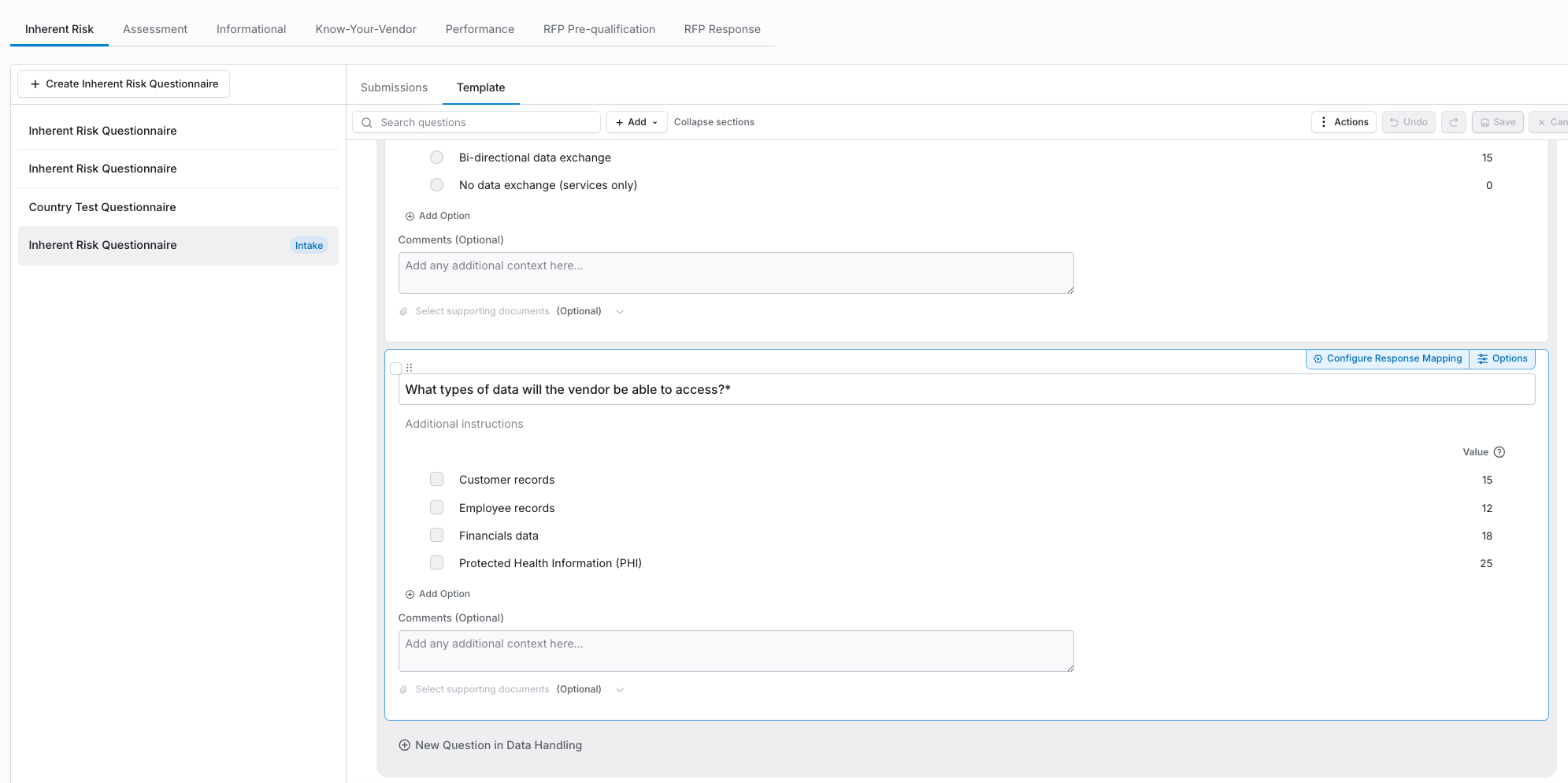 Inherent Risk Questionnaire builder with weighted answers
