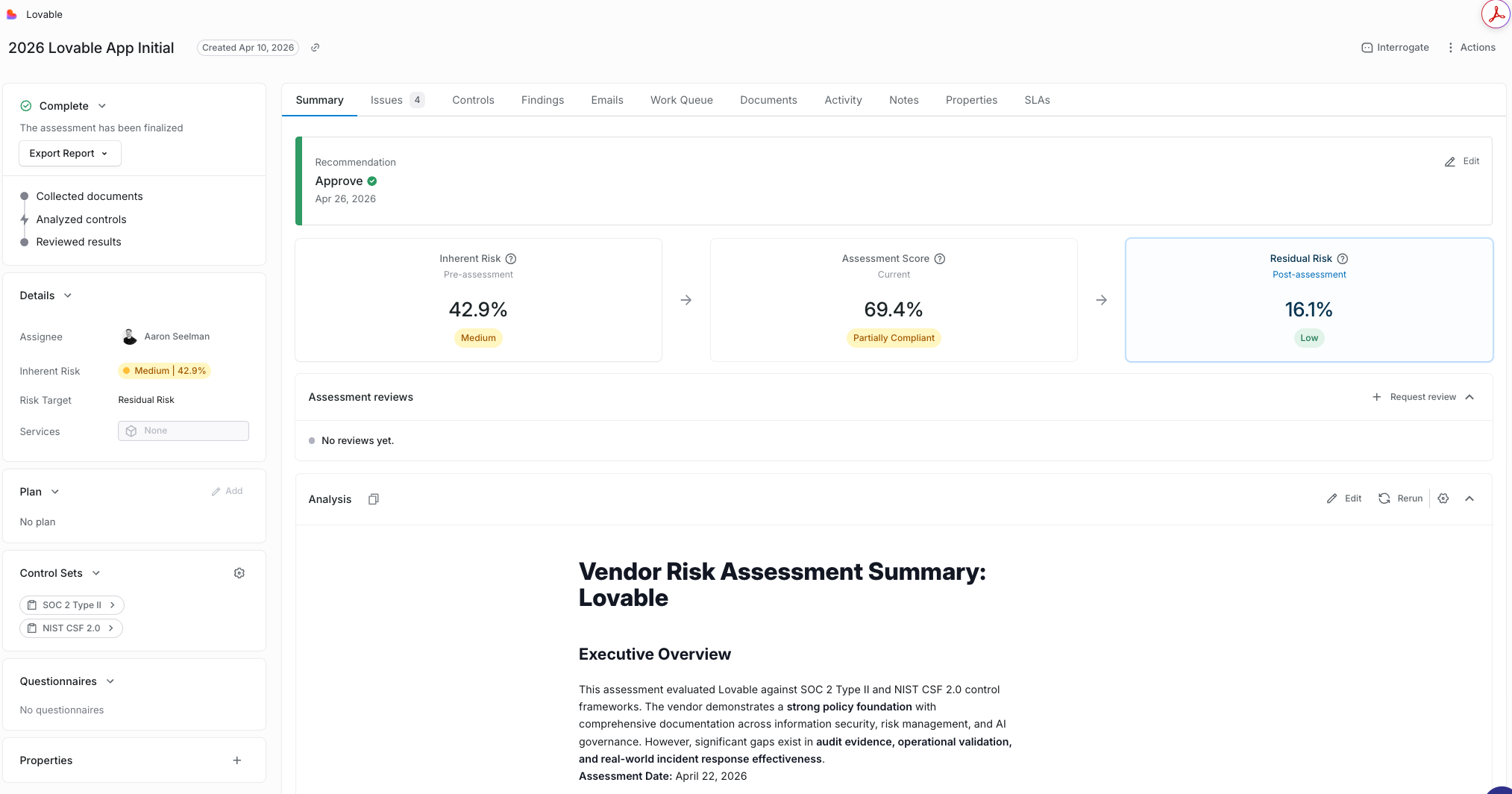 Assessment workspace showing control sets and lifecycle