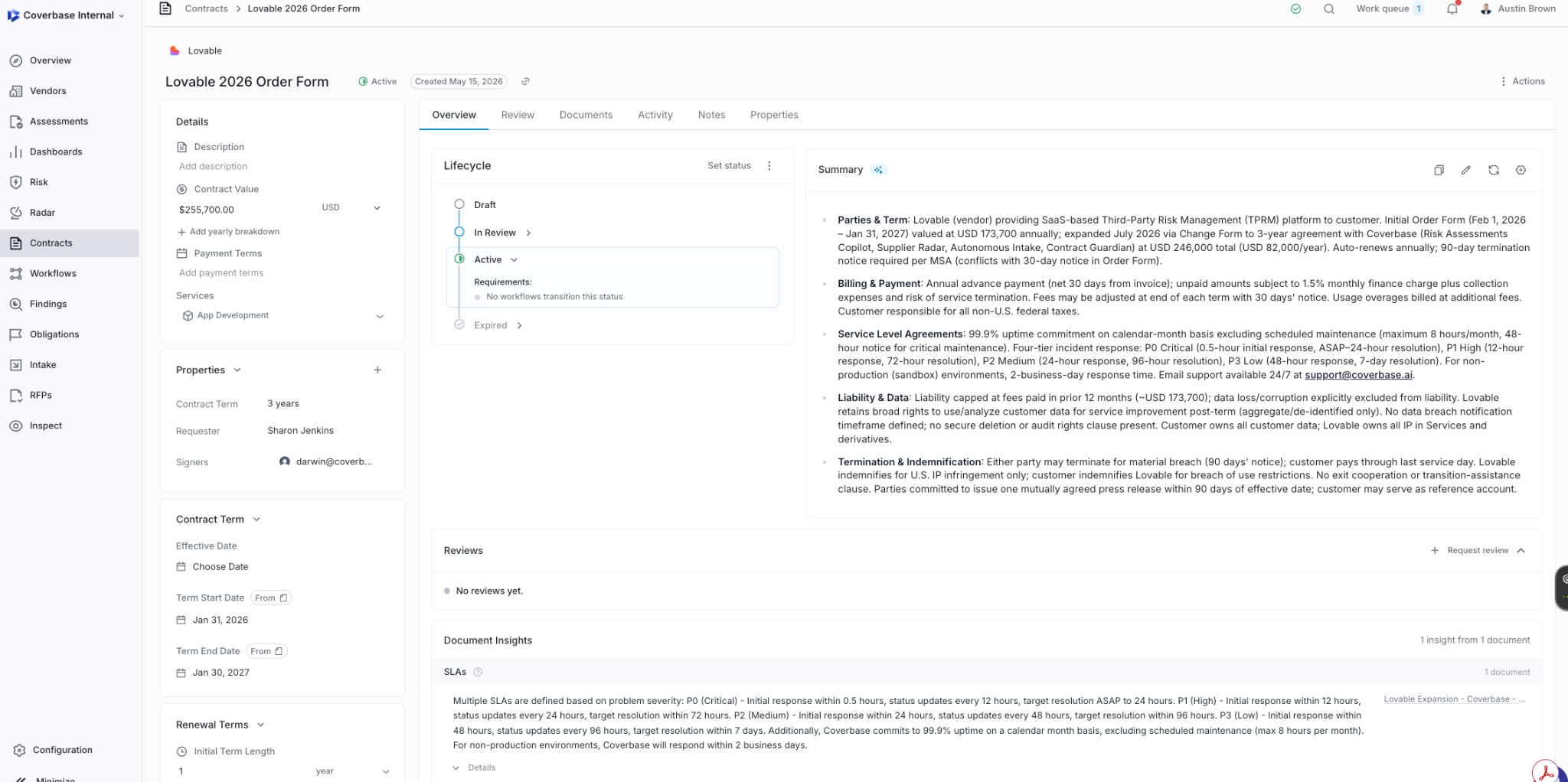 Contract overview with extracted terms and AI summary
