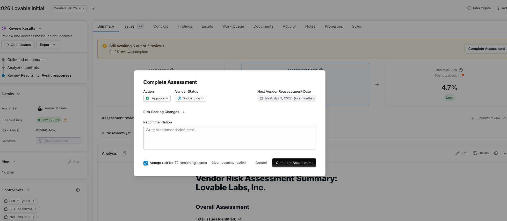 Completed assessment summary with risk scores and recommendation