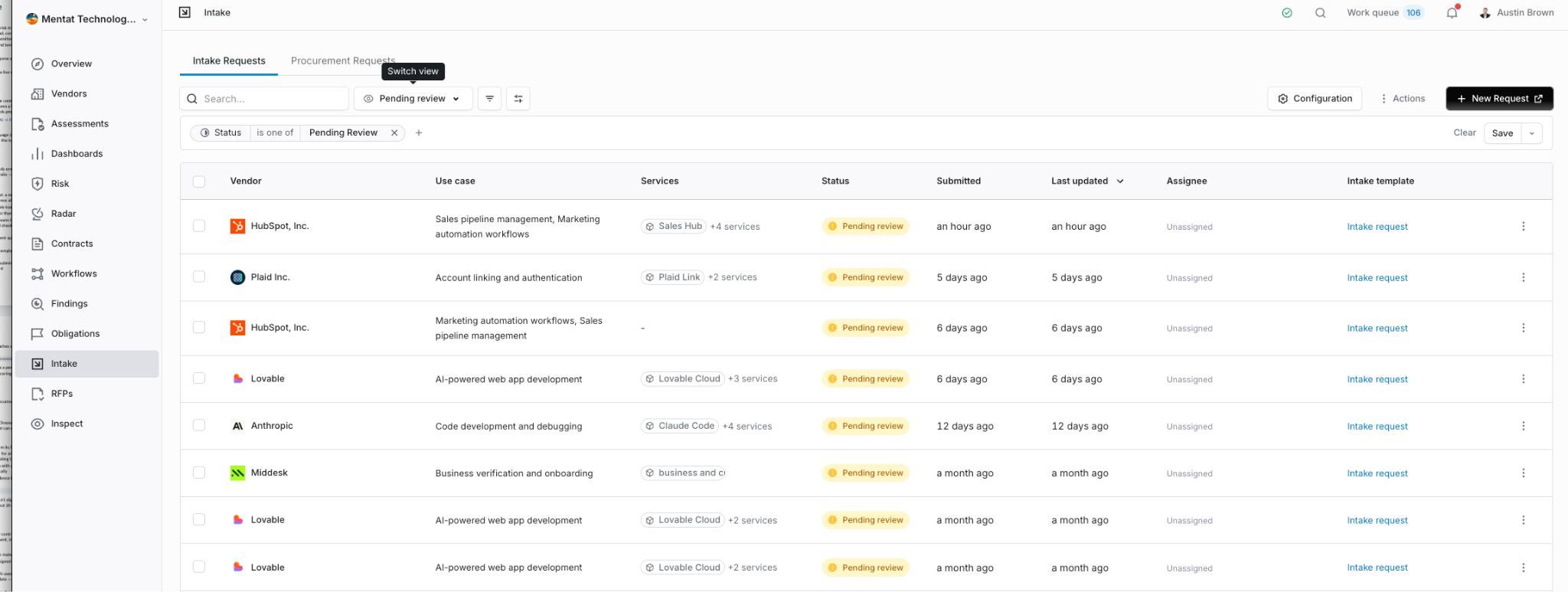 Intake queue of pending vendor requests